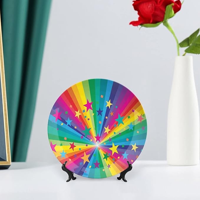 Ceramic Plates, Abstract Decor Decorative Ceramic Plates, Abstract Rainbow and Stars Confetti Rays Striped, 10 Inch, Household Plates Decorative, Multy