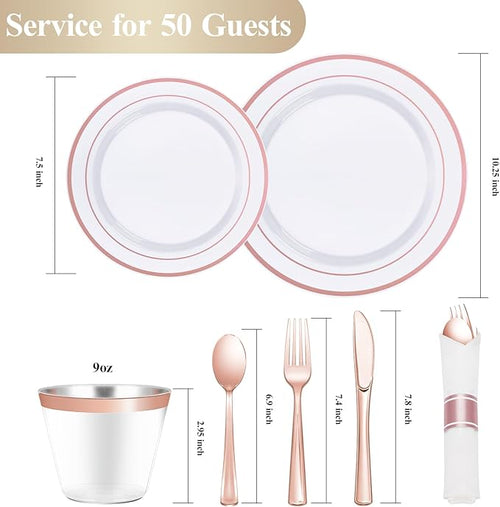 350 PCS White and Rose Gold Plastic Dinnerware Set for 50 Guests, 100 Plates for Party, 50 Pre Rolled Napkins with Gold Silverware, 50 Cups