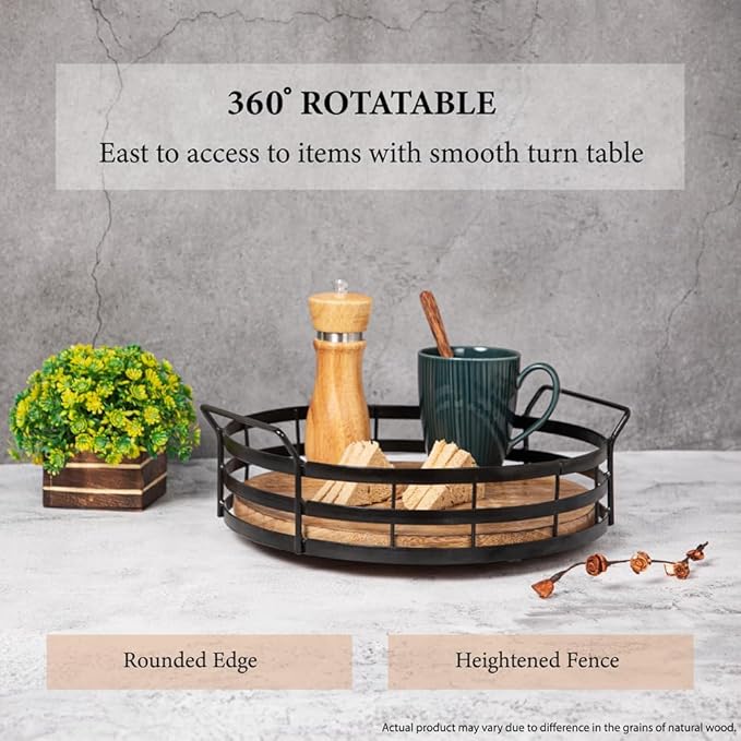 Lazy Susan Turntable Organizer with Handle, Cabinet Pantry Kitchen Countertop - Spinning Spice Rack - Large Round Serving Tray - Made Wood and Sturdy Iron Bars