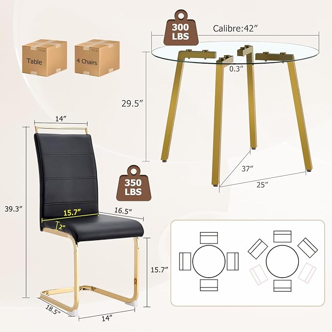 42" Round Glass Dining Table Set for 4,Modern Breakfast Table Set for 4 with Luxury Gold Chrome Legs,Space Saving Kitchen Table and Black Chairs for Apartment,Easy Assembly