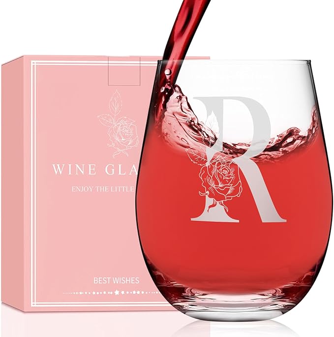 Valentines Day Gifts for Her, Gifts for Women Her Friend Mom Grandma Wife Sister Bridesmaid Nurse, Birthday Galentines Mothers Day Christmas, Personalized Initial Customized Wine Glasses 18OZ(R)