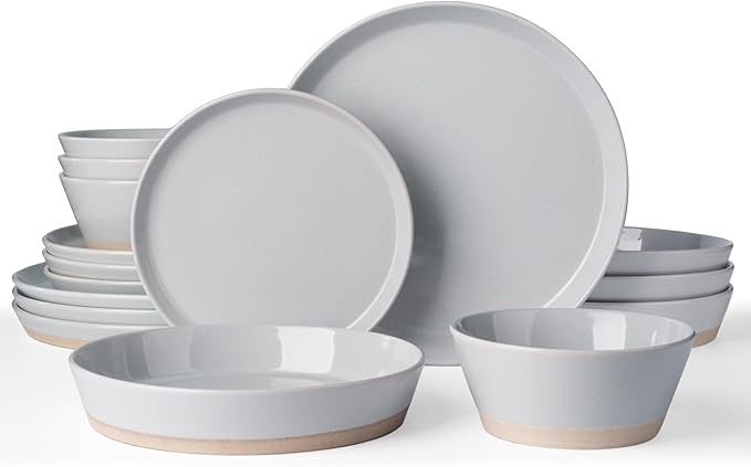 Famiware Saturn 16 Pieces Plates and Double Bowls Sets for 4, Stoneware Dinnerware Set with Pasta Bowl, Dish Set with Trim - Chip & Scratch Resistant, Microwave & Dishwasher Safe, Light Gray