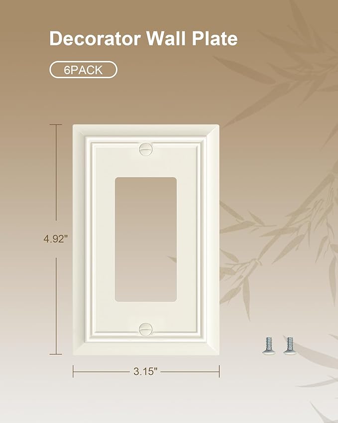 6-Pack Decorator Wall Plate Cover, Light Almond Decorative Switch Plates and Outlet Covers, Durable Natural Bamboo Fiber Wall Plates for Electrical Outlets, Receptacle, GFCI Outlet, Dimmer Switch