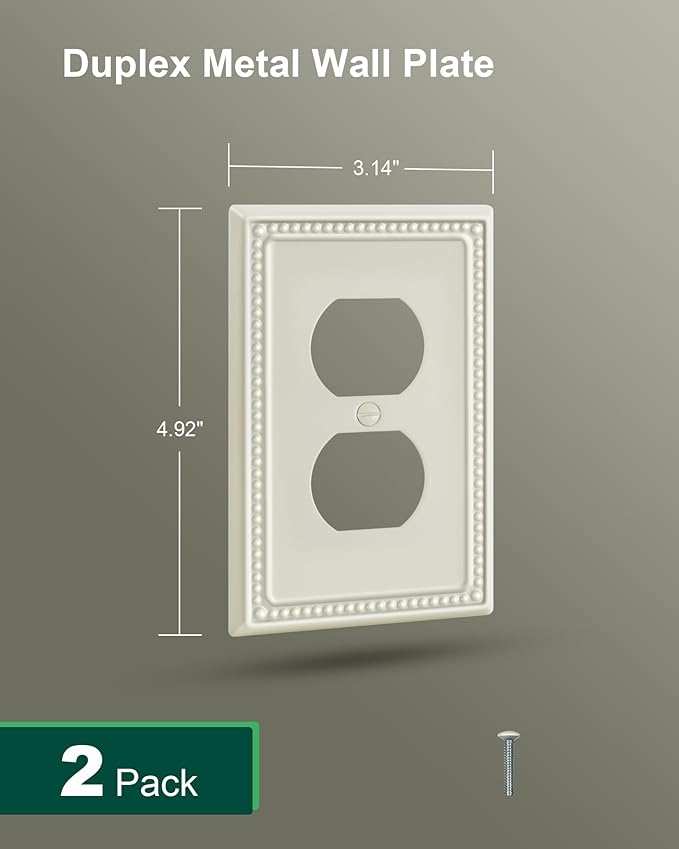 2-Pack Duplex Outlet Cover Plate, Light Almond Metal Wall Plates for Electrical Outlets, 1 Gang Receptacle Light Switch Cover, Pearls Decorative Switch Plates and Outlet Covers