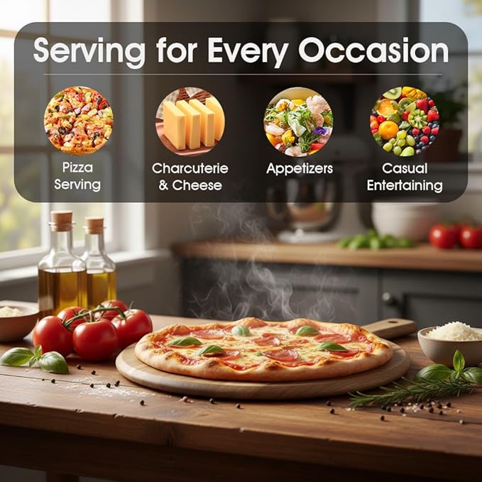 12" Acacia Wood Charcuterie & Pizza Serving Board Set with Pizza Cutter, Rustic Wooden Board for Cheese, Appetizers & Entertaining, Thoughtful Housewarming Gift