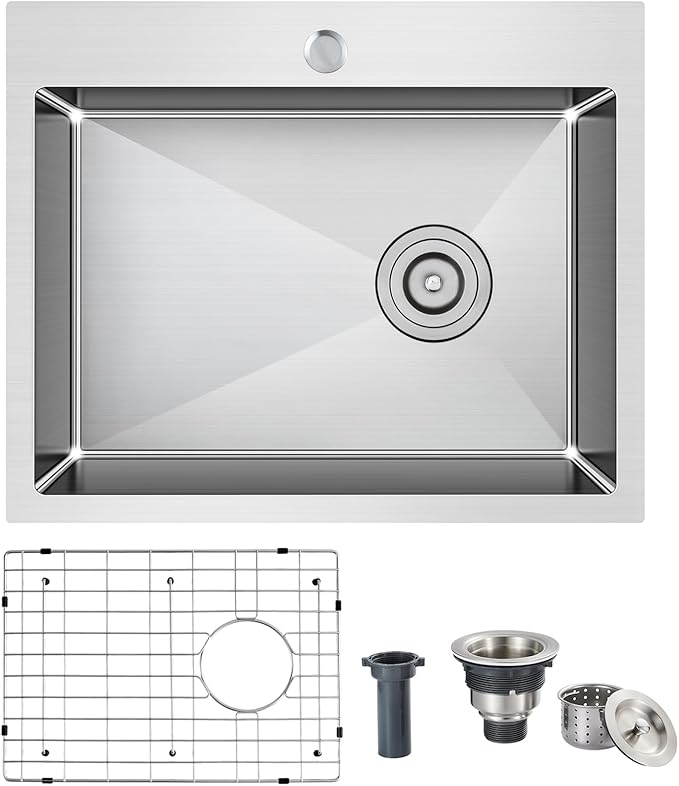 Kitchen Sink, 24x18 Inch Drop in Sink, Commercial Grade 304 Stainless Steel Kitchen Sink, Centre-Offset Drain, 9" Deep Single Bowl Kitchen Sinks, Brushed(Inclued Drain Strainer & Bottom Grid)
