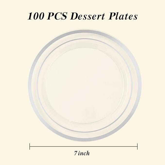 BESTSTAR 7 Inch Clear with Silver Rim Plastic Plates,100PCS Disposable Dessert/Appetizer/Small Cake Plates,Heavy Duty Plate Ideal for Christmas, Thanksgiving, Wedding and Birthday Party