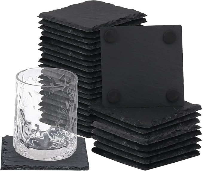30 Pack 4 Inch Square Slate Coasters,Black Stone Coasters with Anti-Scratch Bottom, Ideal for Home Decor, Bar, Housewarming Gifts, and Laser Engraving KUKLIPJIM