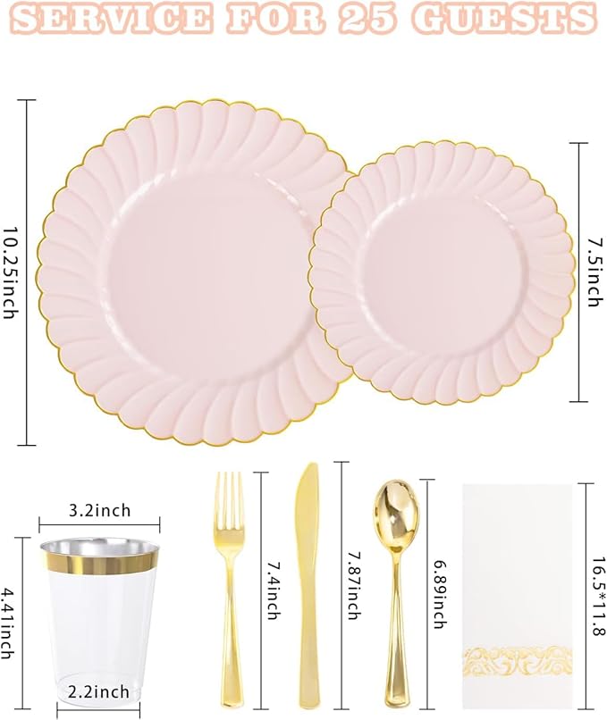 YOUBET 175PCS Pink Scalloped Plastic Plates - Gold Disposable Dinnerware Set Include 50 Plates, 75 Gold Silverware, 25 Cups, 25 Napkins for Party & Wedding & Baby Shower Valentines Day