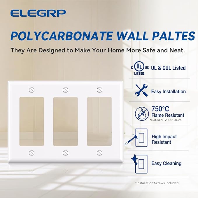 ELEGRP 3-Gang Decorative Wall Plates, Standard Size 4.53" H x 6.39" L Unbreakable Thermoplastic Faceplate Cover for Decorator Receptacle Outlet Switch, UL Listed (10 Pack, Glossy White)