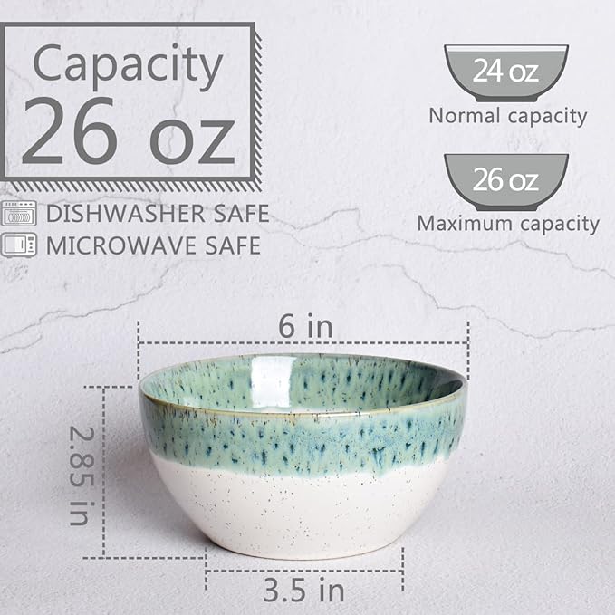 Bosmarlin Stoneware Soup Bowl Set of 4, 26 Oz, Cereal Bowl for Oatmeal, Dishwasher and Microwave Safe, Reactive Glaze (Turquoise Green, 6 in)