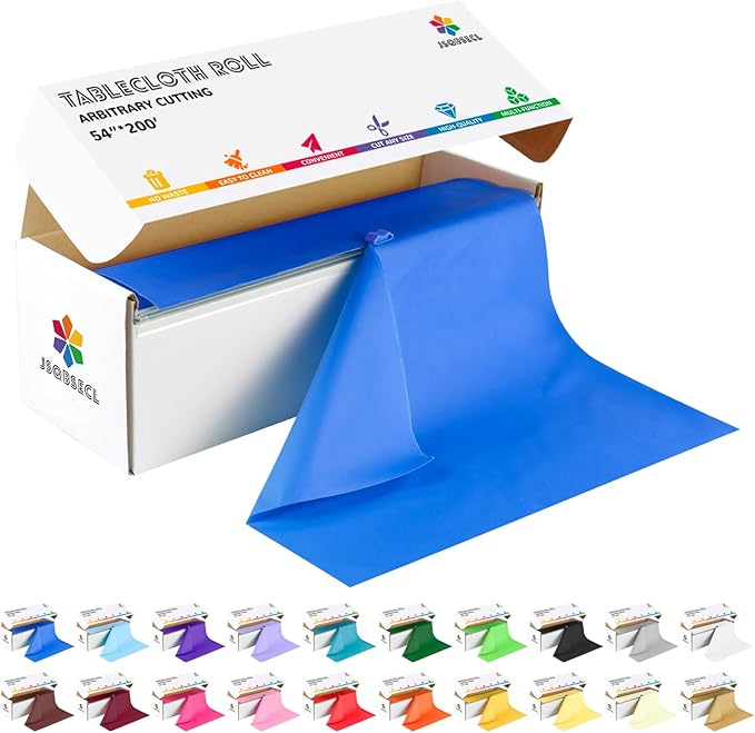54 Inch X 200 Feet Plastic Table Cover Roll with Convenient Slide Cutter, Disposable Plastic Table Cloth Roll with Cut-to-Size Design for Weddings, Banquets, Parties (Blue)