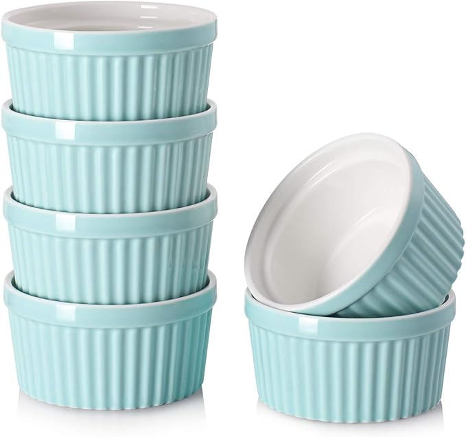DOWAN 10 oz Porcelain Ramekins - Oven Safe for Creme Brulee & Souffle, Classic Style Baking Bowls, Set of 6, Blue