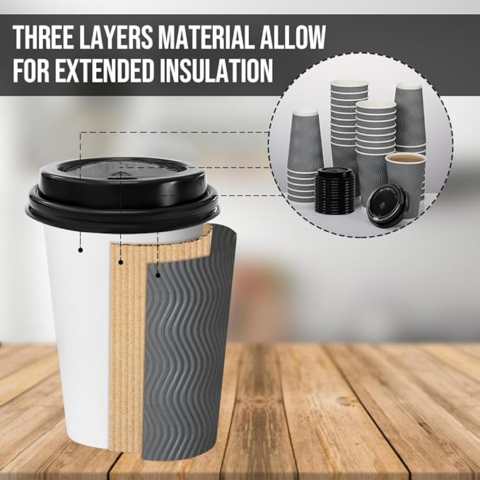 500 Pack 16 oz Coffee Cups with Lids, Disposable Insulated Hot Cups To Go Paper Coffee Cups, Corrugated Ripple Wall Cup for Hot Drink, Office, Coffee Bar (Grey 16 oz)