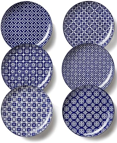 Metahom 10" Dinner Plates Set of 6, Ceramic Serving Plates, Blue & White by Metahom