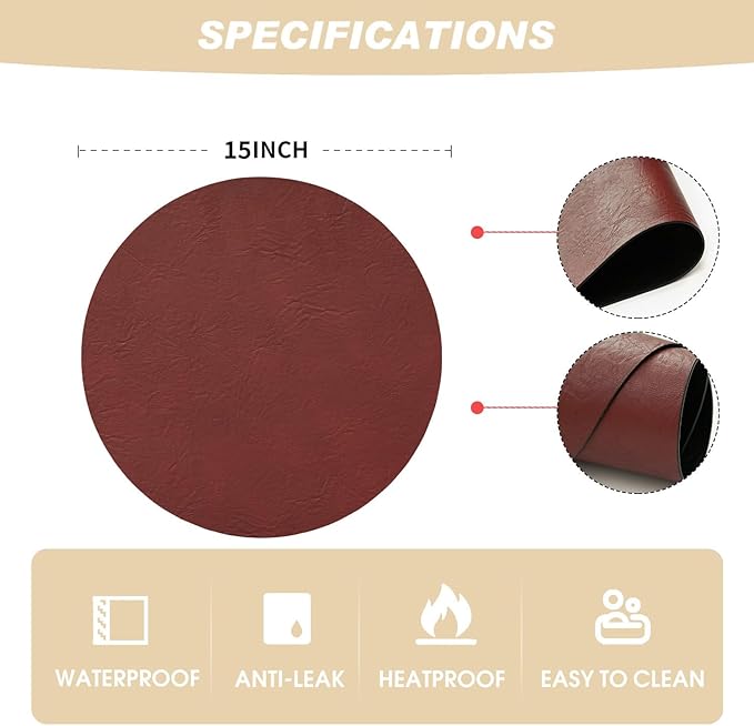Artoid Mode Red Faux Leather Placemats Set of 6, 15 Inch Waterproof Wipeable Heat Resistant Vinyl Place Mats, Reversible Table Mats for Christmas Kitchen Dining Decor