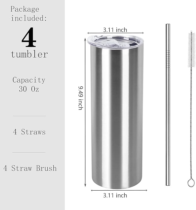 30 Oz Straight Skinny Tumbler Set, Stainless Steel Slim Skinny Travel Tumbler Bulk, Birthday Diy Gift For Women Friends Sisters, 4 Pack, Silver