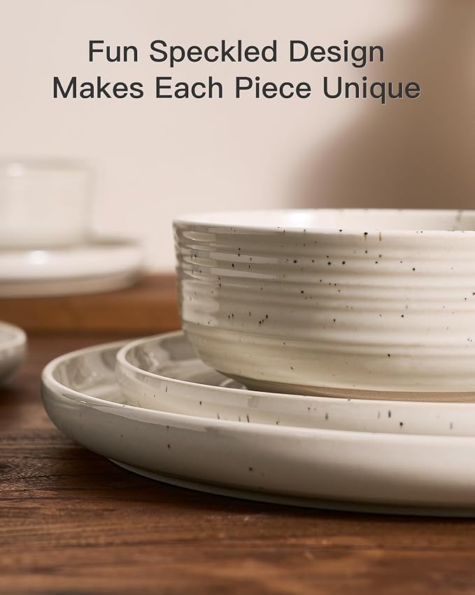 Stoneware Dinnerware Set, Highly Chip and Scratch Resistant Everyday Plates and Bowls for 8 (24pcs), Reactive Glaze Speckled Ceramic Flared Dishes with Gift Box, Microwave Dishwasher Safe, Shell Beige