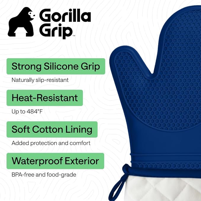 GORILLA GRIP BPA-Free Soft Silicone Oven Mitts, 14.5x8.3, Heat Resistant and Waterproof Cooking Gloves, Thick Cotton Lining, Flexible Gripping for Baking Grilling, Kitchen Potholders Set of 2, Blue