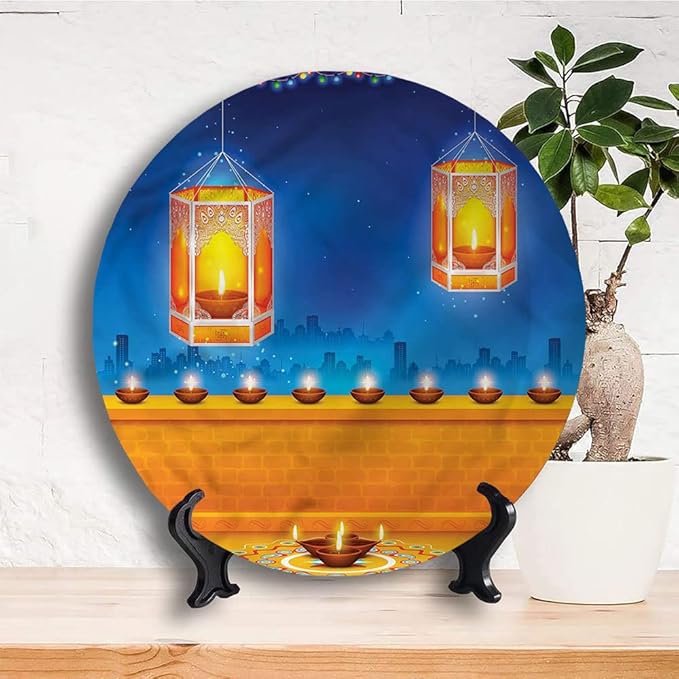 Ceramic Display Plate, Diwali Ceramic Hanging Decorative Plate, Diwali Night Candles, 6 Inch, Household Custom Ceramic Plate, Multicolor