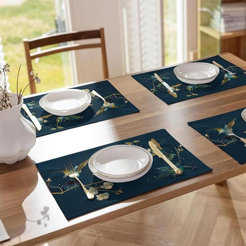 12"x18" Navy/Green Hummingbird Golden White Flowers Placemats Set of 4 Washable Thick Place Mats Kitchen Table Mats Decorative Linen Fabric Table Mat for Dining Table Kitchen Home Decor