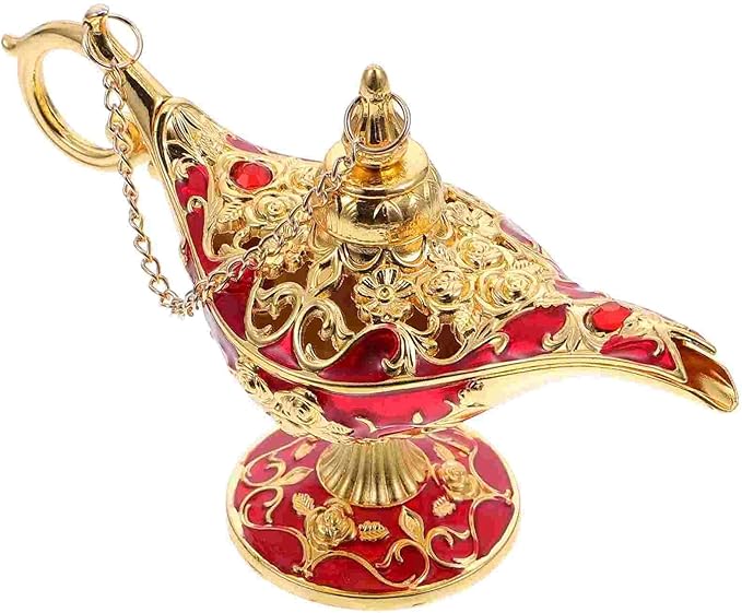 Mini Vintage Aladdin Magic Genie Lamp,Metal Wishing Light,Arabian Costume Props Lamp Tabletop Decor Crafts for Home/Wedding Decoration&Gift for Party/Halloween/Birthday (Golden Red)