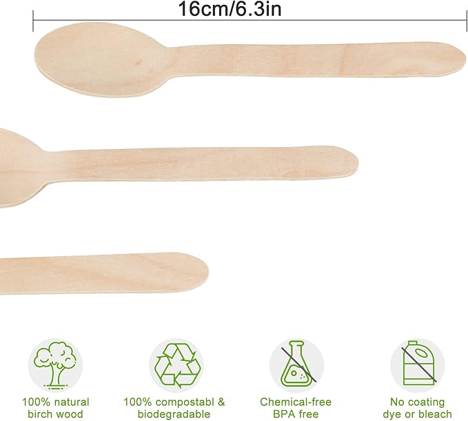 100 Pack Bamboo Spoons Disposable - 6 Inch Biodegradable Cutlery Set for Parties, Weddings & Camping - Heavy Duty, Compostable Birch Wood Utensils (Eco Conscious Alternative to Plastic) of TANGTEA