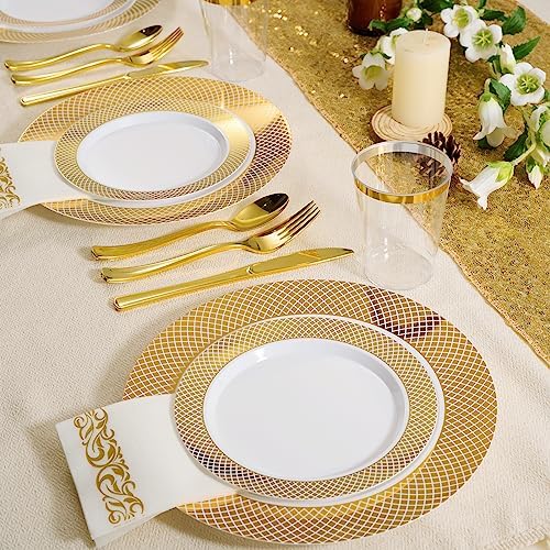 FOCUSLINE Gold Plastic Plates Set, 102 Disposable Plates with Gold Grid Rim - Image 2
