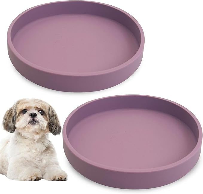 Silicone Dog Bowl Shallow Cat Food Bowls 7in Flat Puppy Plates Cute Whisker Fatigue Pet Feeding Dishes Set of 2 for Dry and Wet Food Indoor (Round Purple)