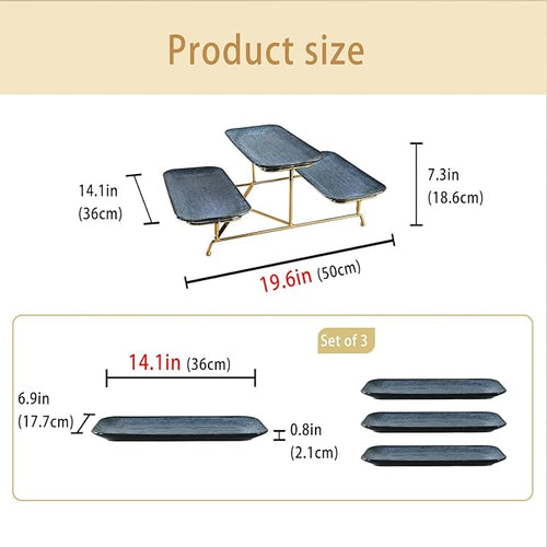 3 Tier Serving Trays for Party, 14.1 Inch Porcelain Serving Platters and Tiered Trays, Foldable Sturdy Gold Stand, for Food Display, Fruit, Cake Dessert, Decoration Entertaining, Blue