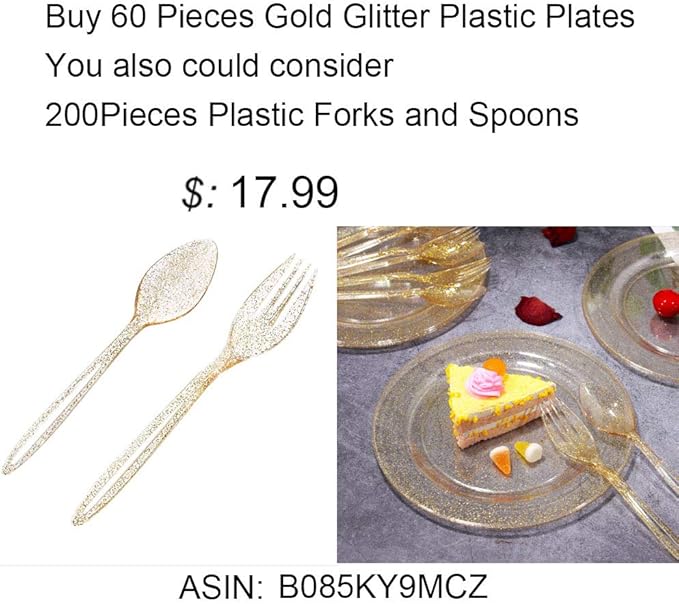 Liacere 60Pieces Gold Glitter Plastic Plates - Premium Square Disposable - Include 30PCS 9.5inch Gold Dinner - 30PCS 7inch Gold Dessert/Salad Plates for Party&Wedding&Christmas