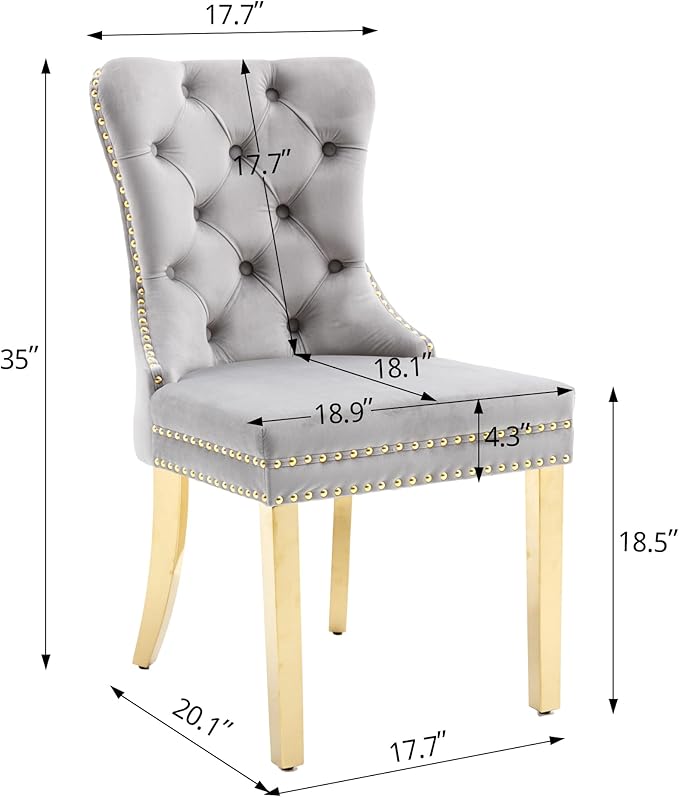 KCC Velvet Dining Chairs Set of 4, Upholstered High-end Tufted Dining Chair with Nailhead Back Ring Pull Trim Stainless Steel Legs, Contemporary Nikki Collection Modern Style for Kitchen, Light Gray