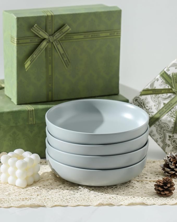 Pasta Bowls Set of 4, Stoneware 34 oz Salad Bowls, Ceramic Bowl Plates for Pasta, Salad, Fruit, Cereal, Soup, Pottery Bowls for Kitchen, Microwave & Dishwasher Safe, Pebble Gray