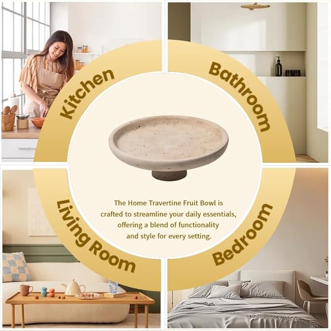 Natural Travertine Fruit Bowl 10.2" – Large Decorative Bowl & Travertine Decor Pedestal for Kitchen Counter & Dining Table ,For Entryway, Kitchen Fruit Bowl, Potpourri, Dining Table Centerpiece.