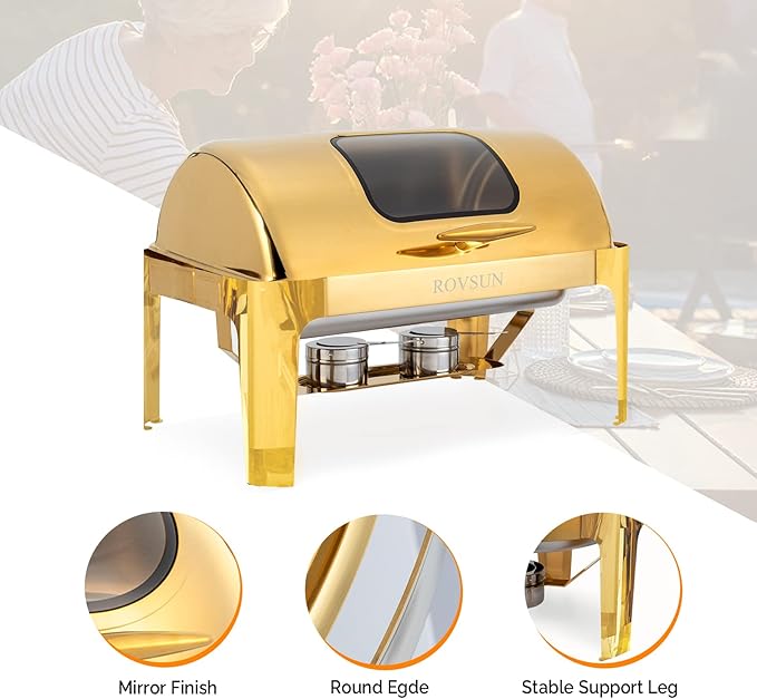ROVSUN 9QT Chafing Dishes for Buffet 2 Pack, Roll Top Chafing Dish Buffet Set, Stainless Steel Buffet Warmer Chafers and Buffet Warmers Sets with Glass Window for Catering Parties Weddings, Gold
