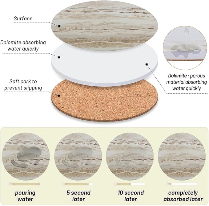 Ceramic Coasters Set of 6, Marble-Textured Design with Holder - Absorbent Cork-Backed Coasters for Cups, Bar & Coffee Table Decor Accessories (Khaki Marble, 8 Pack)