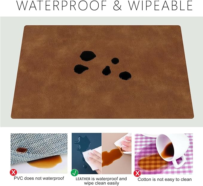 Faux Leather Dining Placemats Set of 4,Suitable for Indoor&Outdoor,Waterproof&Heat-Resistant Table Mats,Washable&Non-Slip Wipeable for Dining Table Decor-Brown