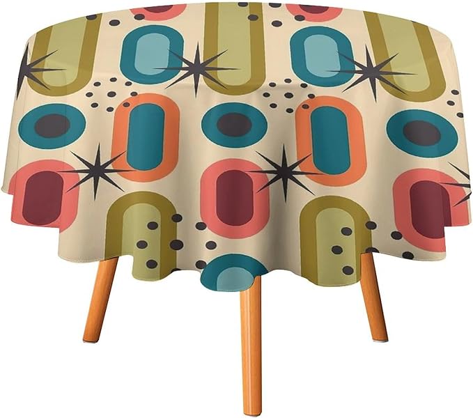 Mid Century Bohemian Round Tablecloth, Modern Medieval Geometric Abstract Print Tablecloth for Home Party Dining Room Kitchen Decor 70Inch(178cm)