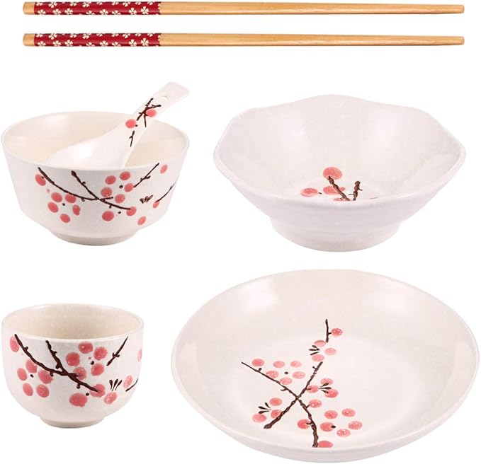 Hemoton Japanese Tableware Set for Single Person - 7-Piece Ceramic Dinnerware with Bowl Plate Cup Spoon and Chopsticks Floral Design Practical Household Tableware 7.08X7.08X1.18 Inches