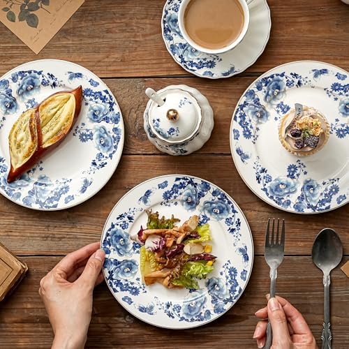Agyiuns Porcelain Floral Plates, 8in Set of 4 Round Small Appetizer Dessert Plates for dessert，bread (Blue flowers) - Image 6