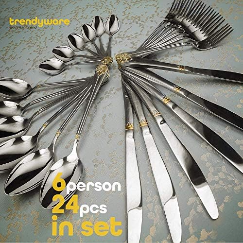 Silverware Set Limited Edition – 24 Piece Dinnerware Set – Flatware Set for 6 – Silver Tableware Set w/Gold Accents – Great for Family Gatherings & Daily Use – Spoons, Knives, Teaspoons, Forks - Image 2