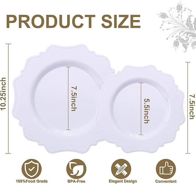 COLOSUS 100 pcs White Plastic Plates Set,Fancy Beaded Plates-European Retro plates include 50 dinner plates and 50 dessert plates,Plastic Disposable plates for BBQ and Party