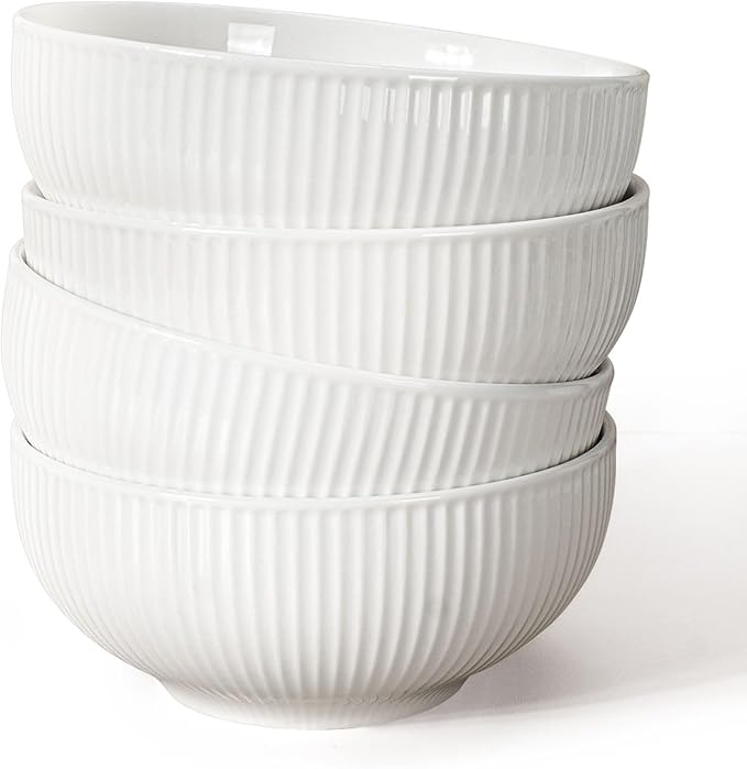 Artena Ceramic Cereal Bowls 26 oz, Embossment Soup Bowls Set of 4, White Salad Bowl for Kitchen, Dinner, Breakfast, Oatmeal, Rice, Pasta, Dishwasher Microwave Safe Bowls (Stripes)