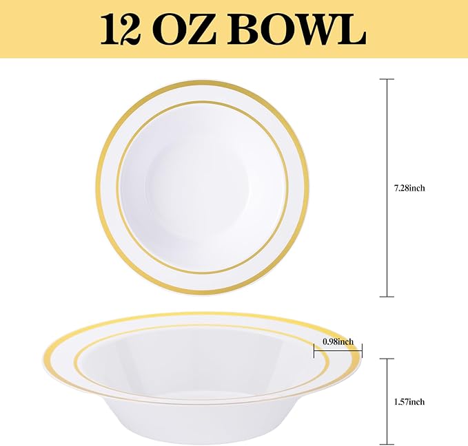 100pc Disposable Soup Bowls with Gold Rim,12oz Disposable Soup Bowls,Disposable Soup Dessert Salad Bowls for Wedding/Party/Catered Events