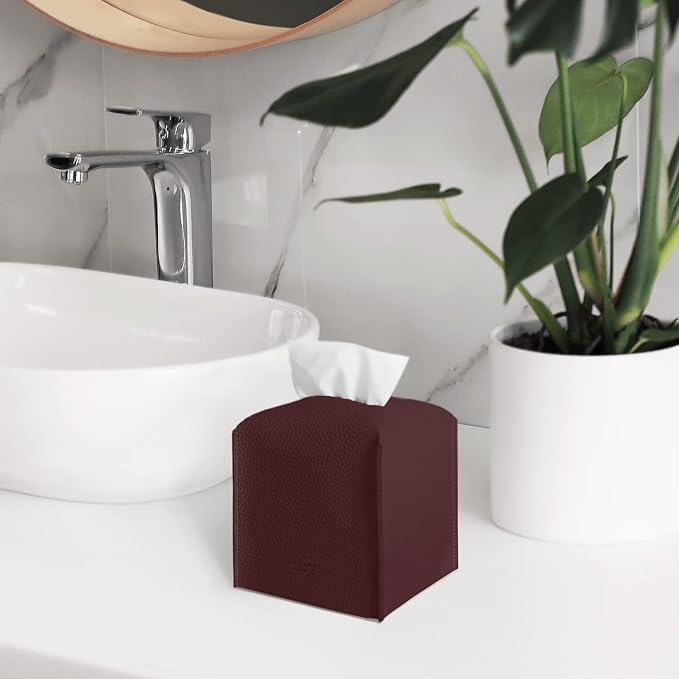 Carrotez Tissue Box Cover, [Refined] Modern PU Leather Square Tissue Box Holder - Decorative Holder/Organizer for Bathroom Vanity Countertop, Night Stands, Office Desk & Car 5"X5"X5" - Wine