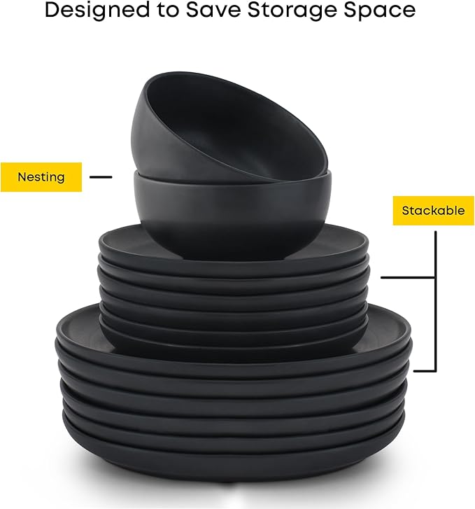 JoyJolt Mesa Stoneware Dinner Plates Set of 6, 10.5" Dish Set, Dishwasher and Microwave Safe Plate Set, Modern Rustic Dinnerware, Kitchen Serving Dishes - Matte Black