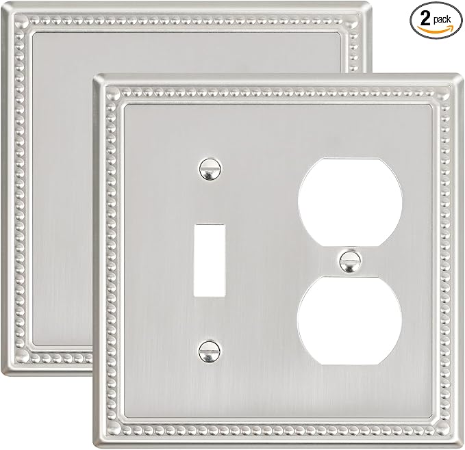 2-Pack Combo Toggle/Duplex Light Switch Cover Plate, Brushed Nickel Metal Wall Outlet Cover, Decorative Classic Beaded Wall Plate