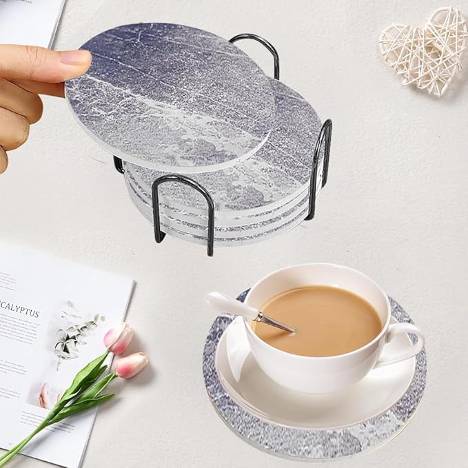 Ceramic Coasters Set of 6, Marble-Textured Design with Holder - Absorbent Cork-Backed Coasters for Cups, Bar & Coffee Table Decor Accessories (Dark Grey Marble, 6 Pack)