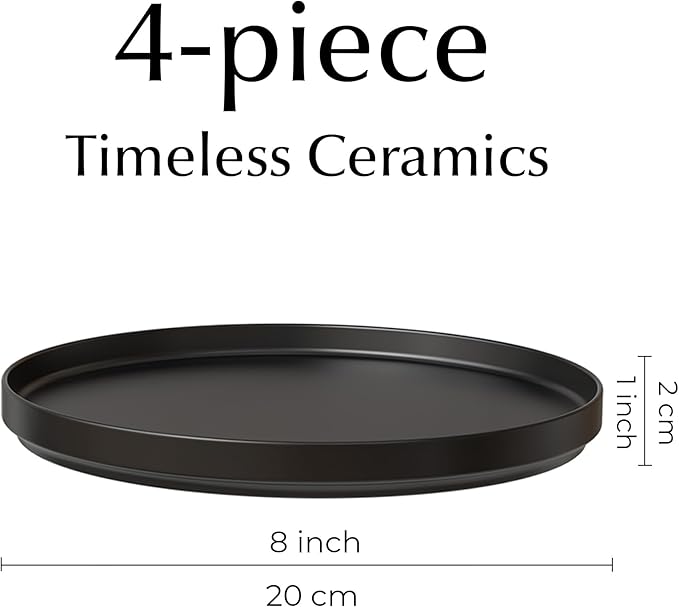 MIAMIO – Ceramic Dinner Plates Set for 4 People/Ceramic Dinnerware 4-Piece, Modern Stoneware, Dishwasher & Microwave Safe – Luxe Collection (Black, 8 Inch)