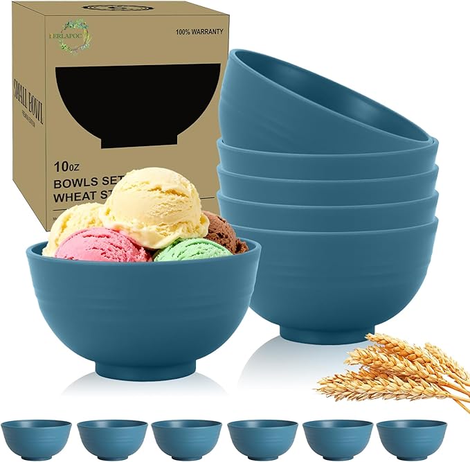 Wheat Straw Bowls Set of 6, Unbreakable 10 OZ Small Bowls Set for Snack, Appetizers, Desserts, Microwave & Dishwasher Safe Alternative Plastic Bowls Reusable, Blue